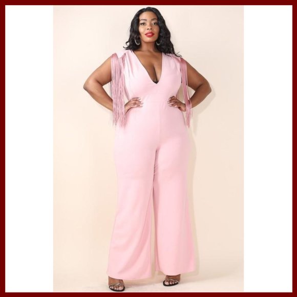 NWT Plus Size Fringe Shoulder V-Neck Jumpsuit Pink - Picture 6 of 8